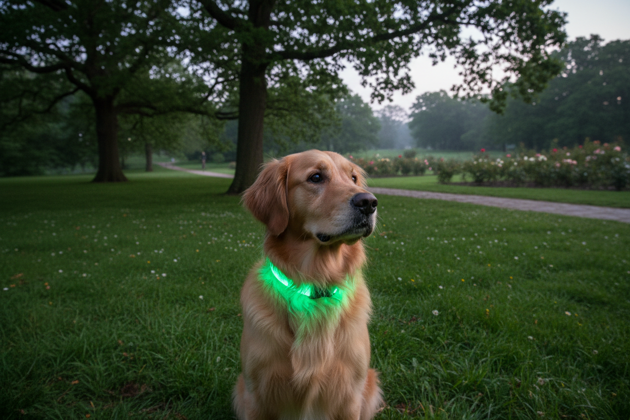 dog with a glow in the dark green collar oustide 